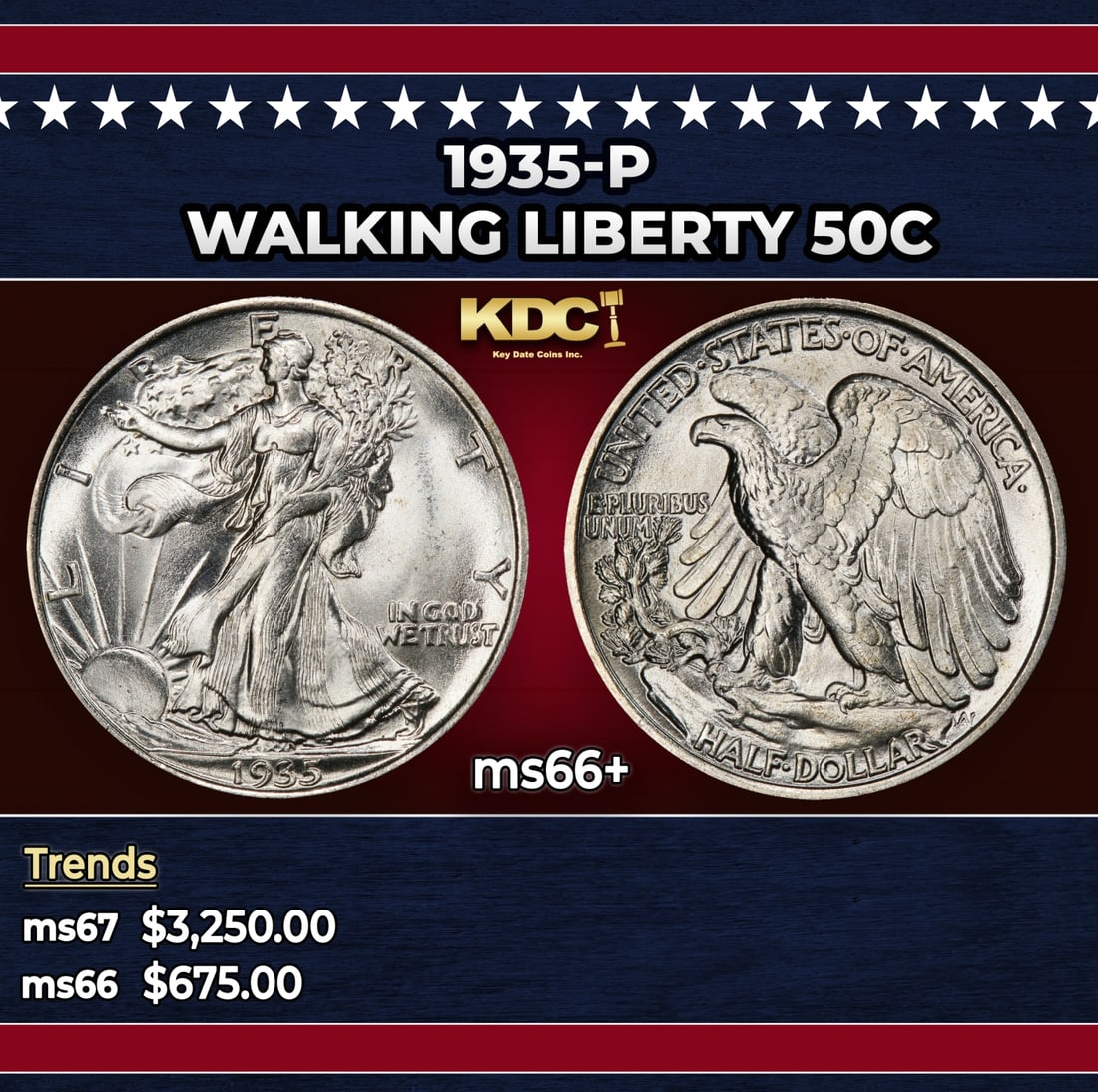 1935-p Walking Liberty Half Dollar 50c ms66+ SEGS (1 of 3)