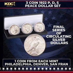 3 Coin 1922 P, D, S Peace Dollar Set, 1 Coin From Each Mint