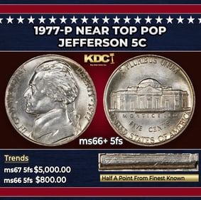 1977-p Jefferson Nickel Near Top Pop 5c ms66+ 5fs SEGS