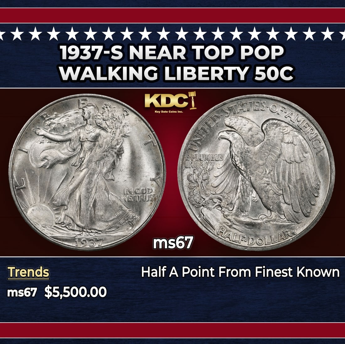 1937-s Walking Liberty Half Dollar Near Top Pop 50c ms67 SEGS: 1937-s Near Top Pop Walking Liberty Half Dollar 50c ms67 SEGS.