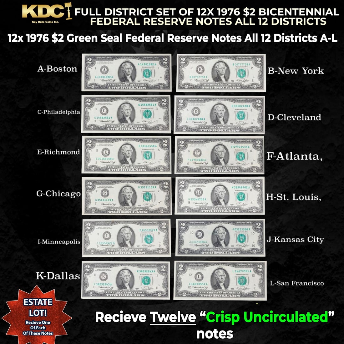 Full District Set of 12x 1976 Bicentennial $2 Federal Reserve Notes All 12 Districts A-L CU $2 Green: Full District Set of 12x 1976 Bicentennial $2 Federal Reserve Notes All 12 Districts A-L CU $2 Green Seal Federal Reserve Notes.
