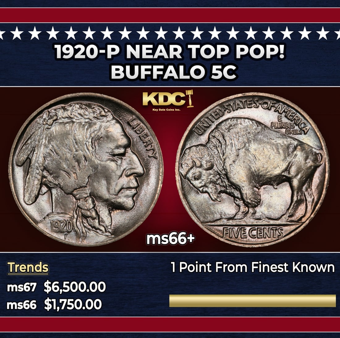 1920-p Buffalo Nickel Near Top Pop! 5c ms66+ SEGS: 1920-p Near Top Pop! Buffalo Nickel 5c ms66+ SEGS.
