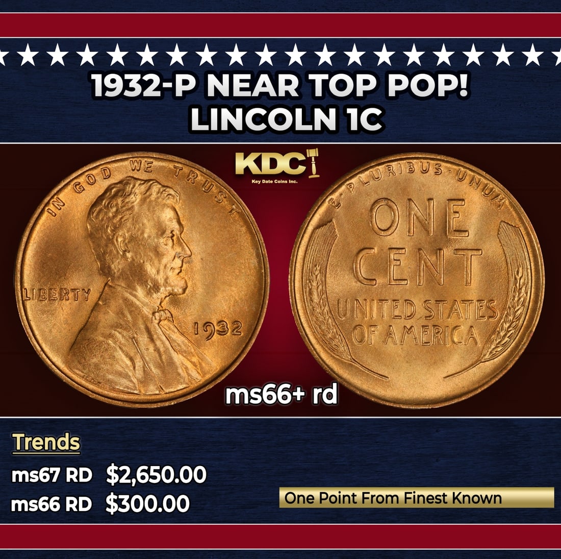 1932-p Lincoln Cent Near Top Pop! 1c ms66+ rd SEGS: 1932-p Near Top Pop! Lincoln Cent 1c ms66+ rd SEGS.