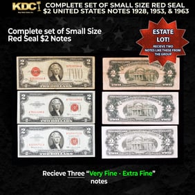 Complete Set Of Small Size Red Seal $2 United States Notes 1928, 1953, & 1963 Grades VF/XF