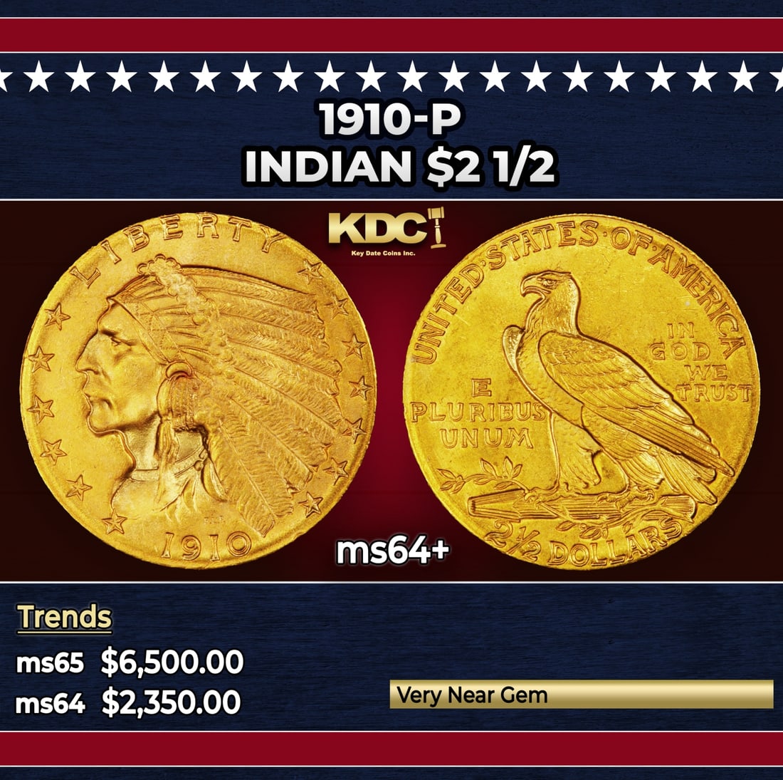 1910-p Gold Indian Quarter Eagle $2 1/2 ms64+ SEGS (1 of 3)