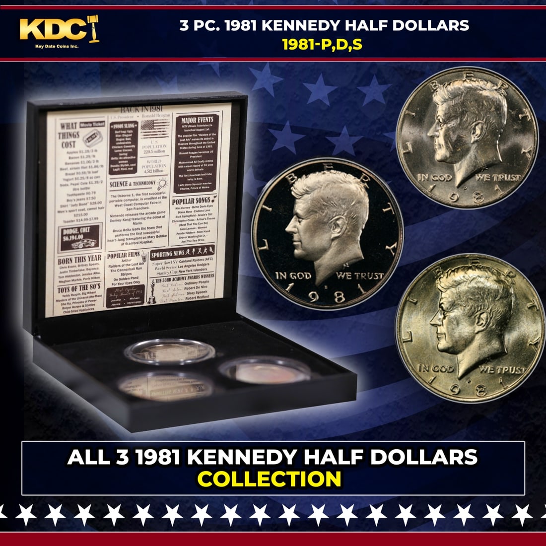 Complete 3 PC. 1981 Kennedy Half Dollar 50c set In Custom Box W/ Special Backer Card BU & Proof (1 of 7)