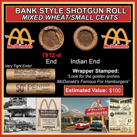 Lincoln Wheat Cent 1c Mixed Roll Orig Brandt McDonalds Wrapper, 1912-d end, Indian other end