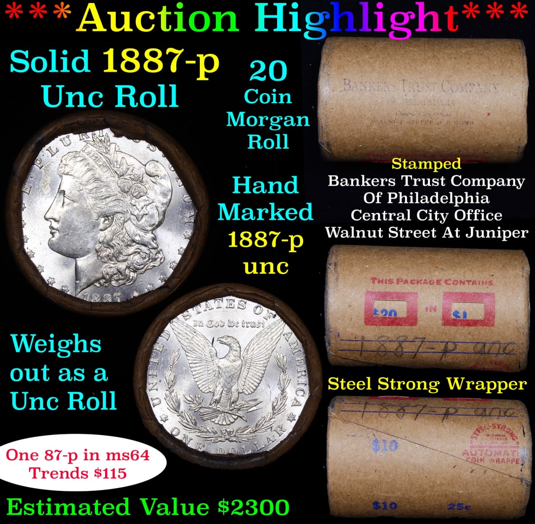 Full solid date 1887-p Uncirculated Morgan silver dollar roll, 20 coins (1 of 6)