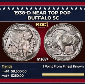 1938-d Buffalo Nickel Near Top Pop 5c ms67+ SEGS