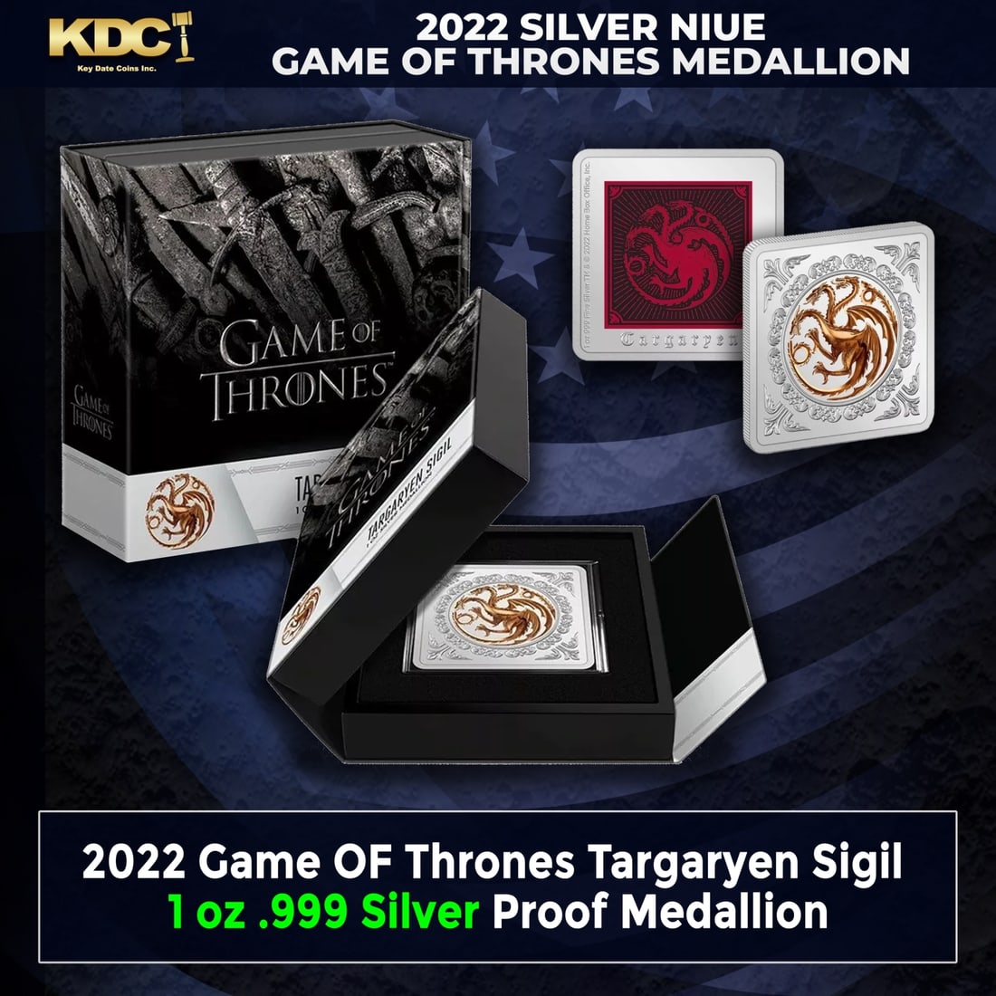 2022 Game OF Thrones Targaryen Sigil 1 oz .999 Silver Proof Medallion Other Toy: 2022 Game OF Thrones Targaryen Sigil 1 oz .999 Silver Proof Medallion. The Targaryen Sigil 1 oz Silver Medallion is the first release in the new Game of Thrones™ Collection. This square badge featur