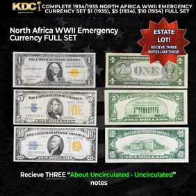 Complete 1934/1935 North Africa WWII Emergency Currency Set $1, $5, $10 FULL SET Grades AU/CU