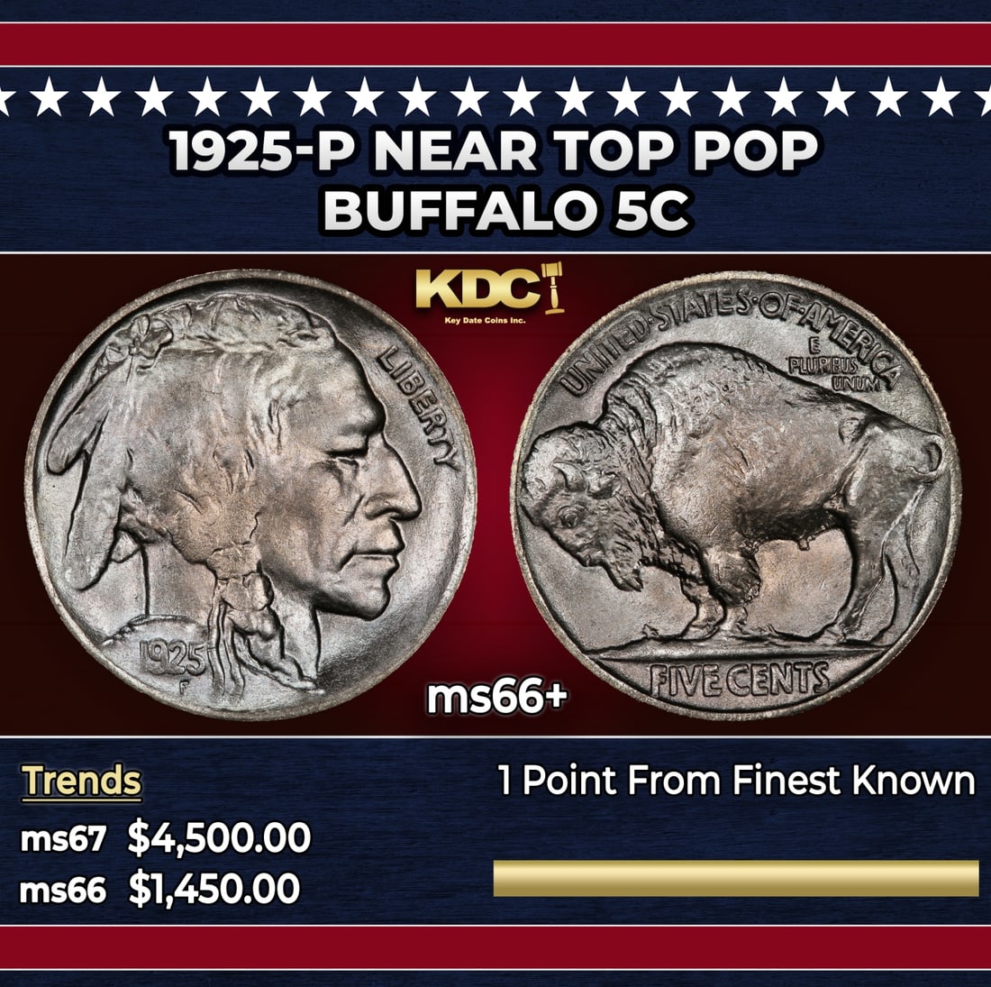 1925-p Buffalo Nickel Near Top Pop 5c ms66+ SEGS: 1925-p Near Top Pop Buffalo Nickel 5c ms66+ SEGS.