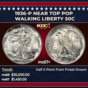 1936-p Walking Liberty Half Dollar Near Top Pop 50c ms67+ SEGS