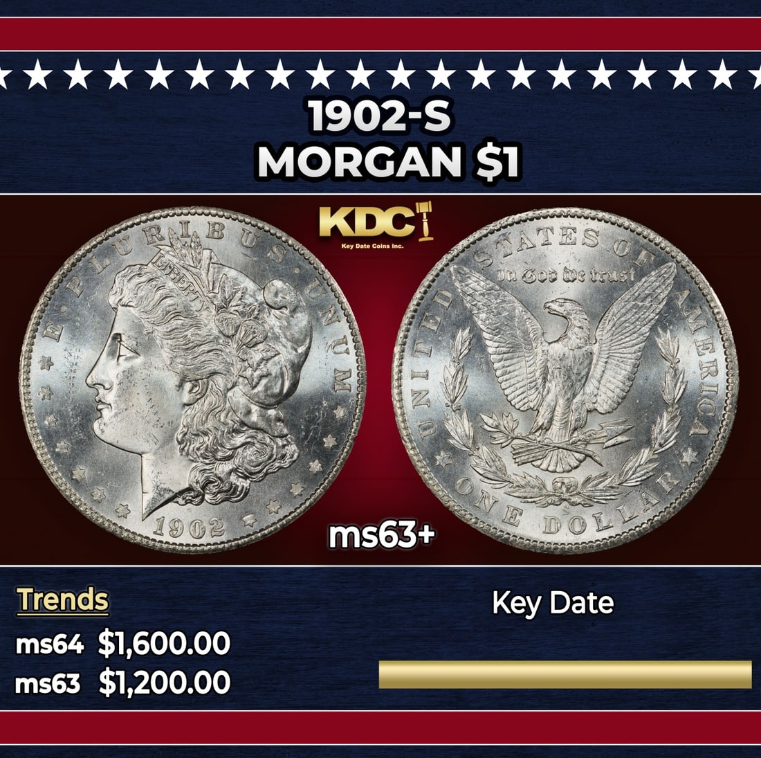 1902-s Morgan Dollar $1 ms63+ USCG: 1902-s Morgan Dollar $1 ms63+ USCG.