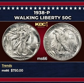 1938-p Walking Liberty Half Dollar 50c Grades ms66