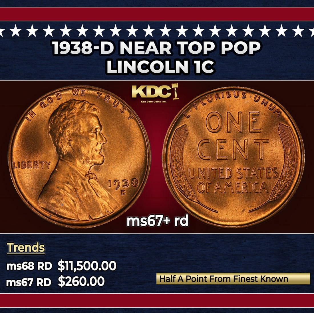1938-d Lincoln Cent Near Top Pop 1c ms67+ rd SEGS: 1938-d Near Top Pop Lincoln Cent 1c ms67+ rd SEGS.