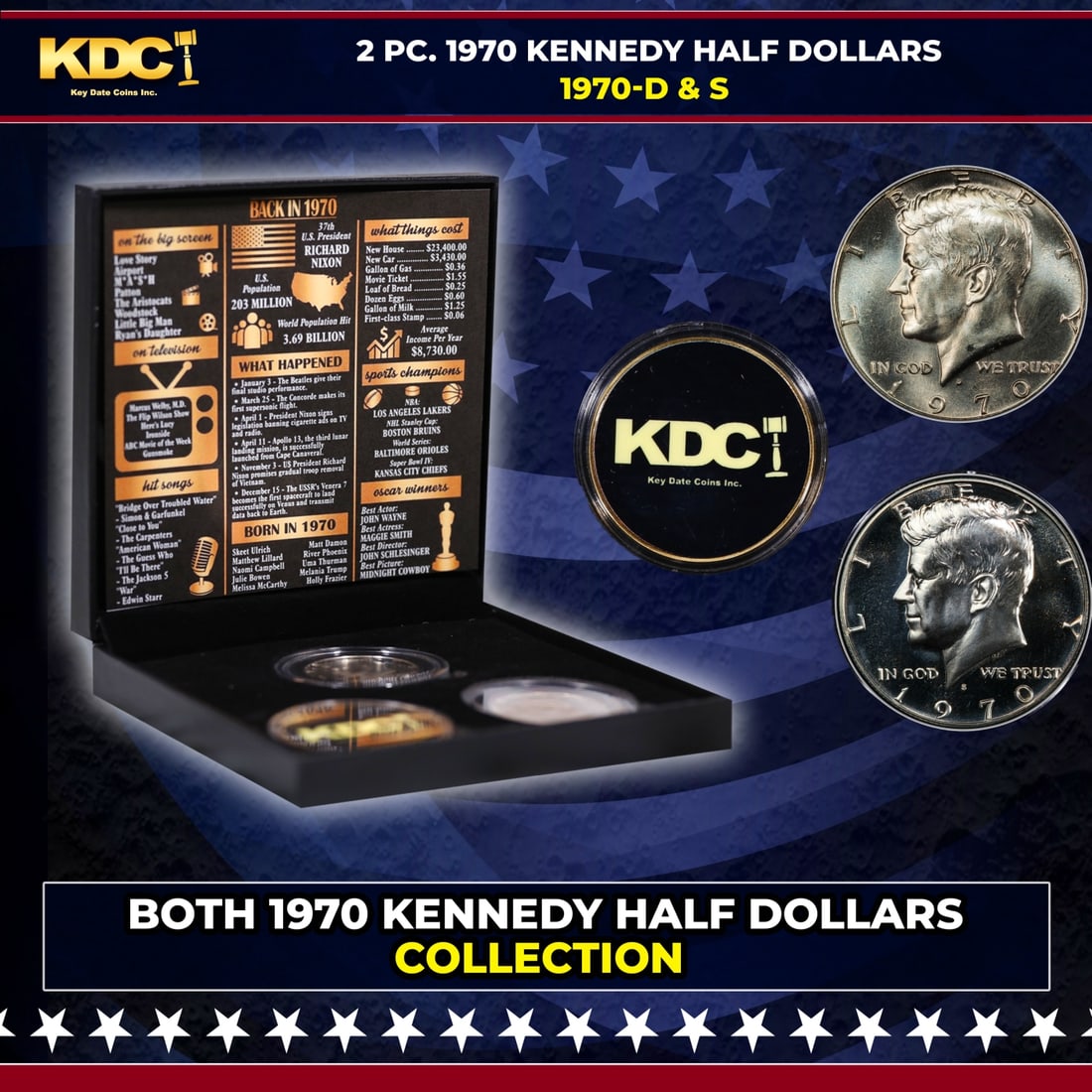 Complete 2 PC. 1970 Kennedy Half Dollar 50c set In Custom Box W/ Special Backer Card BU & Proof (1 of 7)