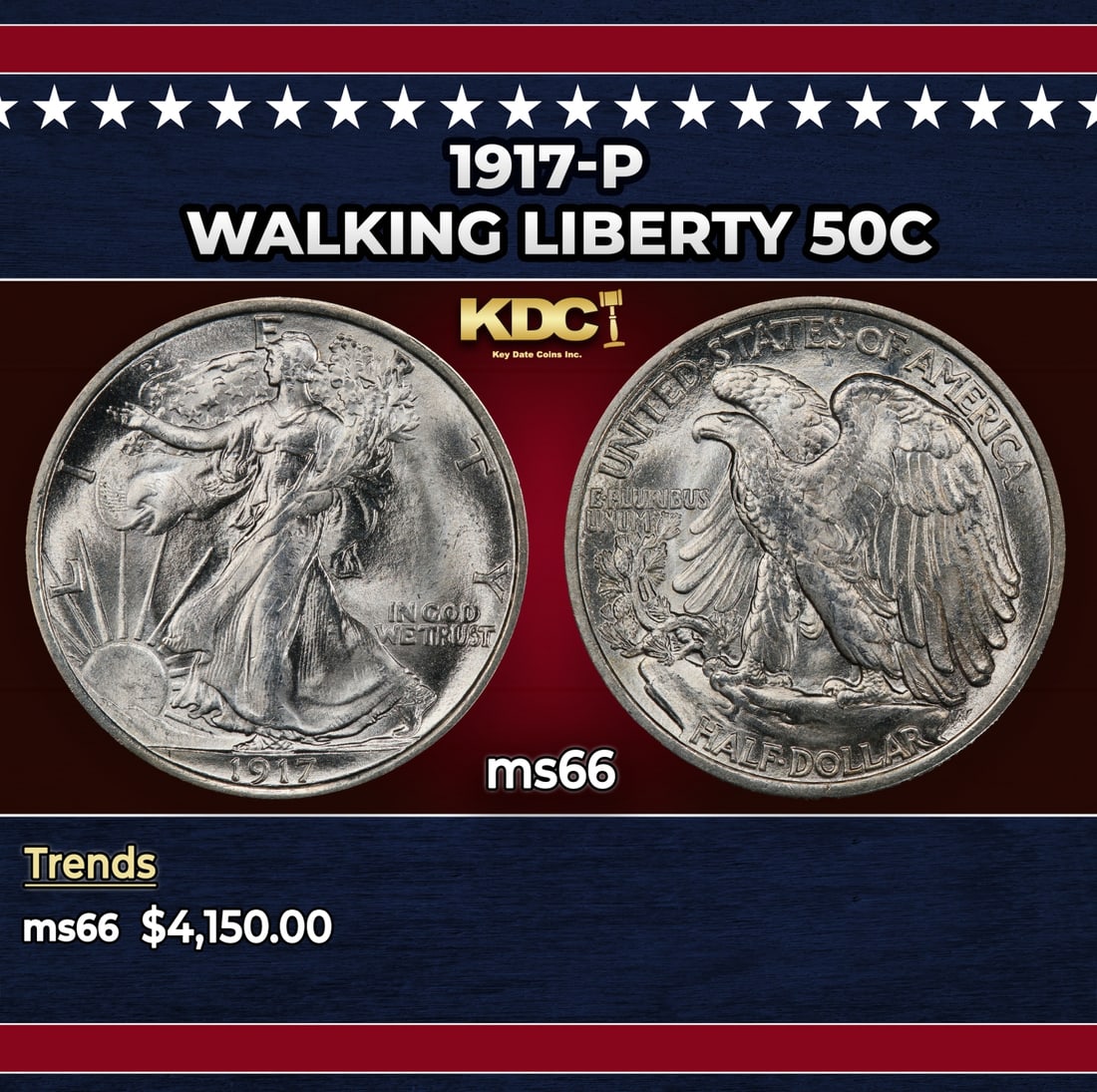 1917-p Walking Liberty Half Dollar 50c ms66 SEGS (1 of 3)