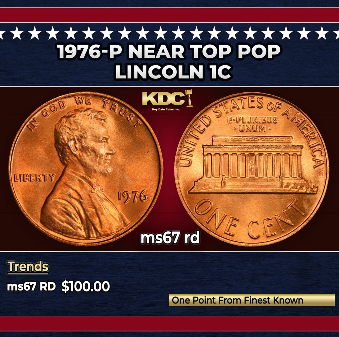 1976-p Lincoln Cent Near Top Pop 1c ms67 rd SEGS (1 of 3)