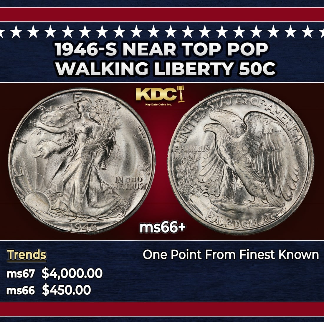 1946-s Walking Liberty Half Dollar Near Top Pop 50c ms66+ SEGS: 1946-s Near Top Pop Walking Liberty Half Dollar 50c ms66+ SEGS.