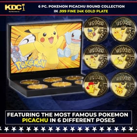 6 Coin Pokemon - Picachu Plated Gold Round Collection In Custom Box W/ Special Backer card
