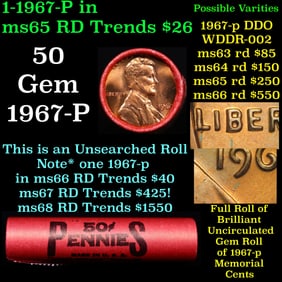 BU Shotgun Lincoln 1c roll, 1967-p 50 pcs Bank Wrapper 50c