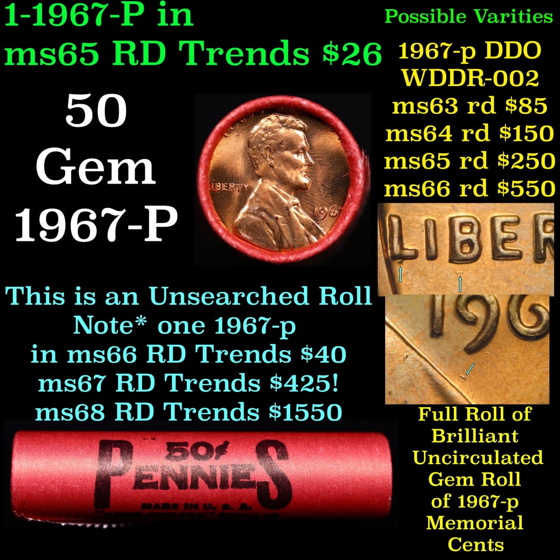 BU Shotgun Lincoln 1c roll, 1967-p 50 pcs Bank Wrapper 50c: BU Shotgun Lincoln 1c roll, 1967-p 50 pcs Bank Wrapper 50c. A terrific Shotgun roll of Lincoln cents in a Bank wrapper. Most if not all coins should be cherry red.