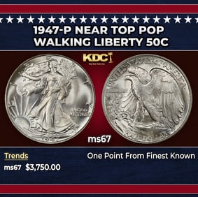 1947-p Walking Liberty Half Dollar Near Top Pop 50c ms67 SEGS