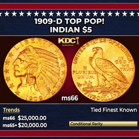 1909-d Gold Indian Half Eagle TOP POP! $5 ms66 USCG