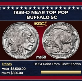 1938-d Buffalo Nickel Near Top Pop 5c ms68 SEGS