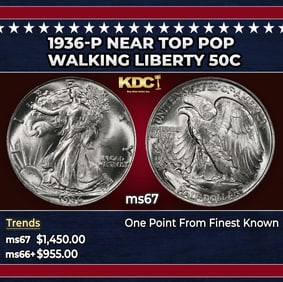 1936-p Walking Liberty Half Dollar Near Top Pop 50c ms67 SEGS