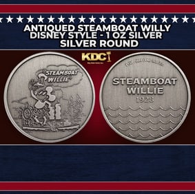 Antiqued Steamboat Willy Disney Style - 1 oz Silver Round Round