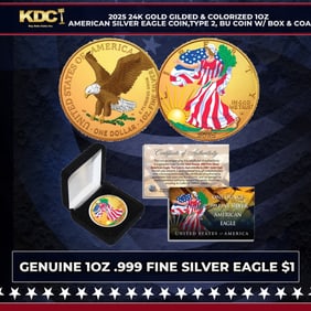 2025 24k Gold Gilded & Colorized 1oz American Silver Eagle Coin, Type 2, BU Coin w/ Box & COA Other