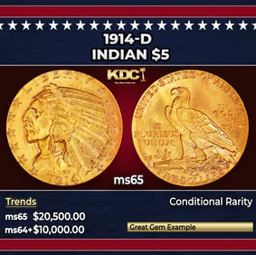 1914-d Gold Indian Half Eagle $5 ms65 USCG