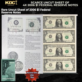 Scarce Uncut Sheet of 4x $1 Federal Reserve Notes In BeP Folder