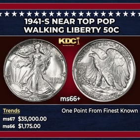 1941-s Walking Liberty Half Dollar Near Top Pop 50c ms66+ SEGS
