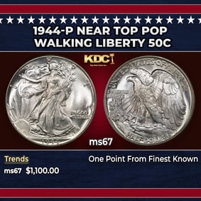 1944-p Walking Liberty Half Dollar Near Top Pop 50c ms67 SEGS
