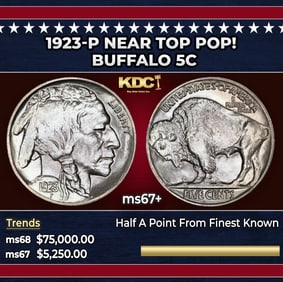 1923-p Buffalo Nickel Near Top Pop! 5c ms67+ SEGS