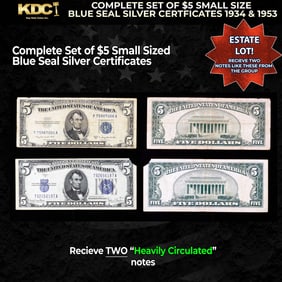 Complete Set of $5 Small Size Blue Seal Silver Certficates 1934 & 1953 Heavily Circulated