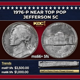 1976-p Jefferson Nickel Near Top Pop 5c ms66+ 5fs SEGS