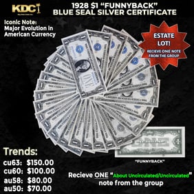 1x 1928 $1 Funnyback Blue Seal Silver Certificate Grades AU/CU
