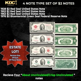 Complete Type Set of Small Sized $2 Notes 1928, 1953, & 1963 Red Seals & 1976 Bicentennial Green