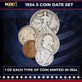 1934 5 Coin Date Set, 1 Of Each Type Of Coin Minted in 1934