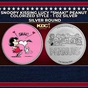 Snoopy Kissing Lucy "SMAK!" Peanuts Colorized Style - 1 oz Silver Round Round