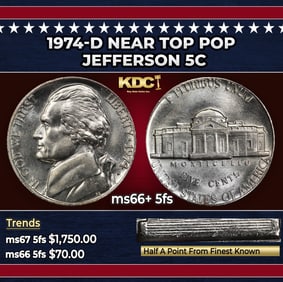 1974-d Jefferson Nickel Near Top Pop 5c ms66+ 5fs SEGS