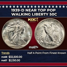1939-d Walking Liberty Half Dollar Near Top Pop 50c ms67+ SEGS