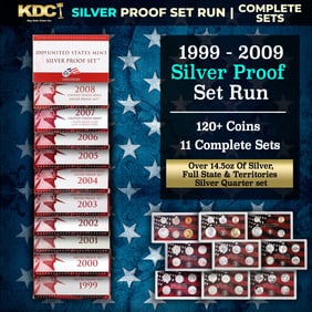 1999-2009 US Mint SILVER Proof Sets 127 Coins, 11 Complete Sets Over 14.5oz Of Silver Full State 25c