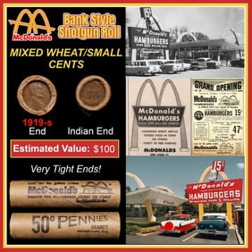 Lincoln Wheat Cent 1c Mixed Roll Orig Brandt McDonalds Wrapper, 1919-s end, Indian other end