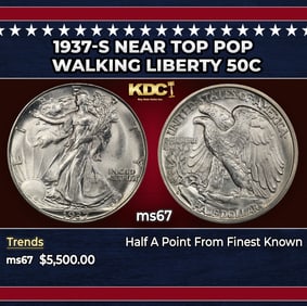 1937-s Walking Liberty Half Dollar Near Top Pop 50c ms67 SEGS