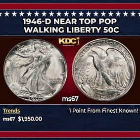 1946-d Walking Liberty Half Dollar Near Top Pop 50c ms67 SEGS
